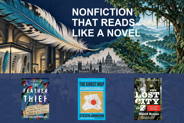 Feathers, a London map and an Amazon rainforest with covers of The Feather Thief, The Ghost Map and The Lost City of Z.