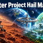 Original illustration of Mars, an orbital habitat and an alien forest planet beneath After Project Hail Mary