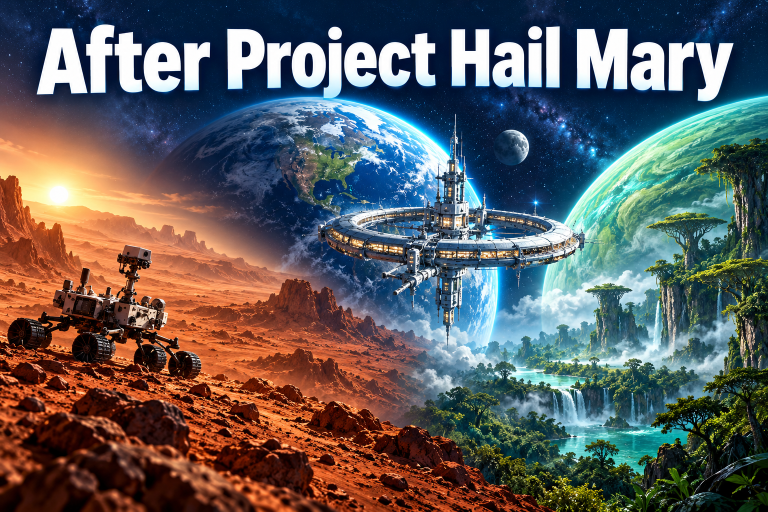Original illustration of Mars, an orbital habitat and an alien forest planet beneath After Project Hail Mary