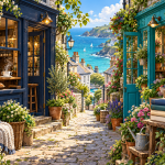 Original illustration of a coffee shop and an island garden shop