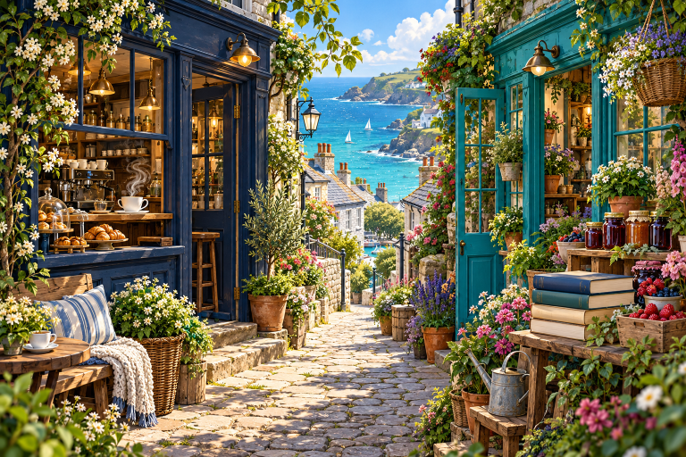 Original illustration of a coffee shop and an island garden shop